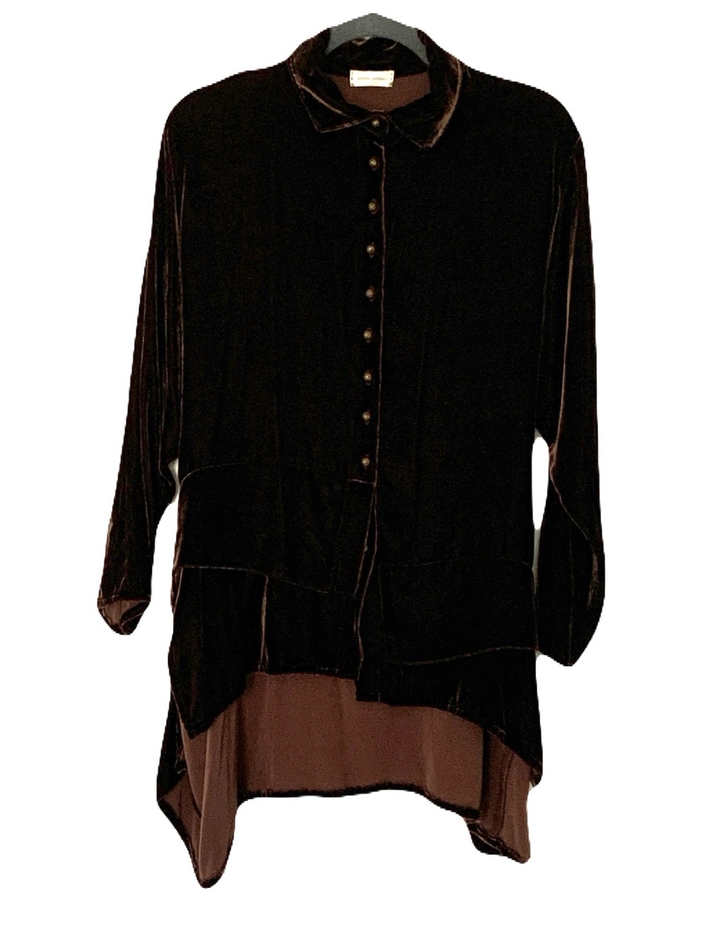 Krista Larson OS Deep Brown Velvet Asymmetric Hem Silk Blend Top Lagenlook Artsy